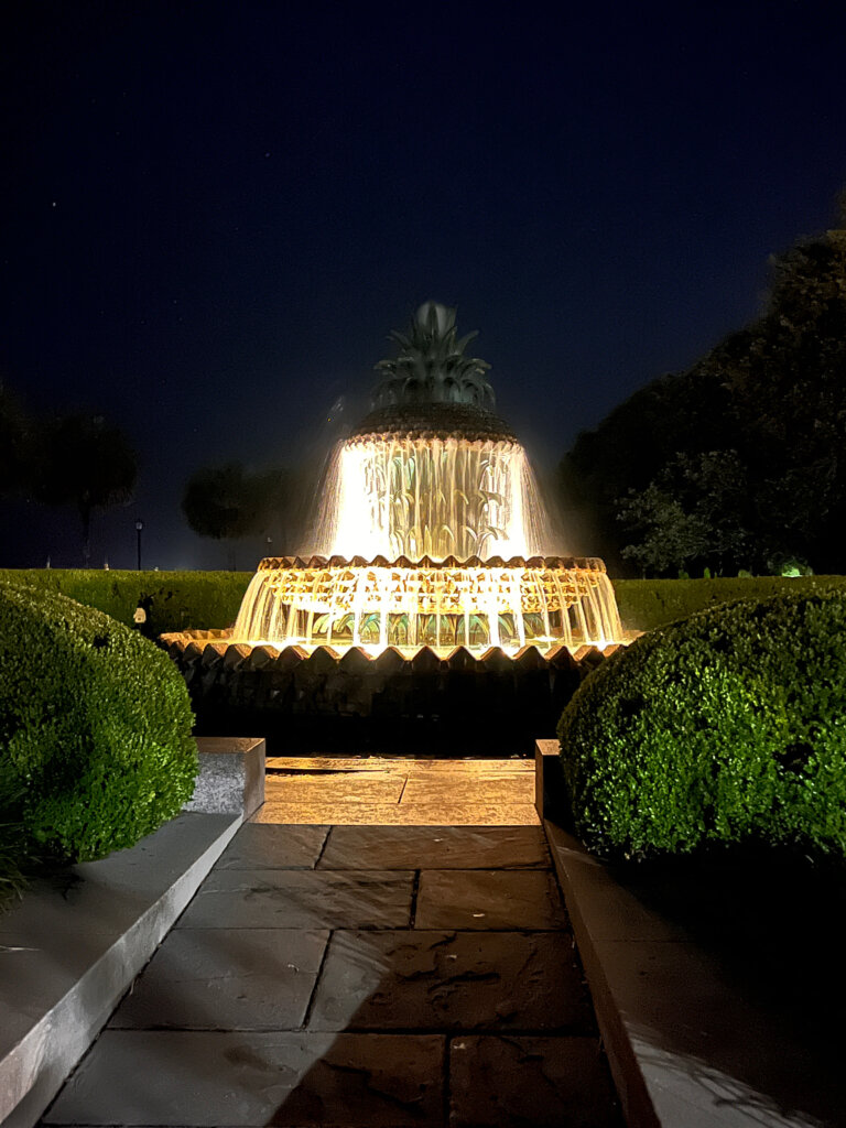 The Pineapple Fountain in Charleston at night