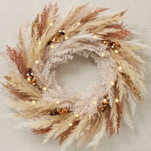 Pre-Lit Artificial Pampas Grass Wreath for Front Door