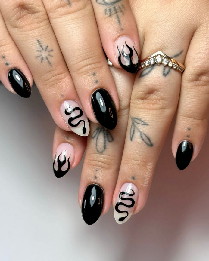 snake and fire black halloween nails