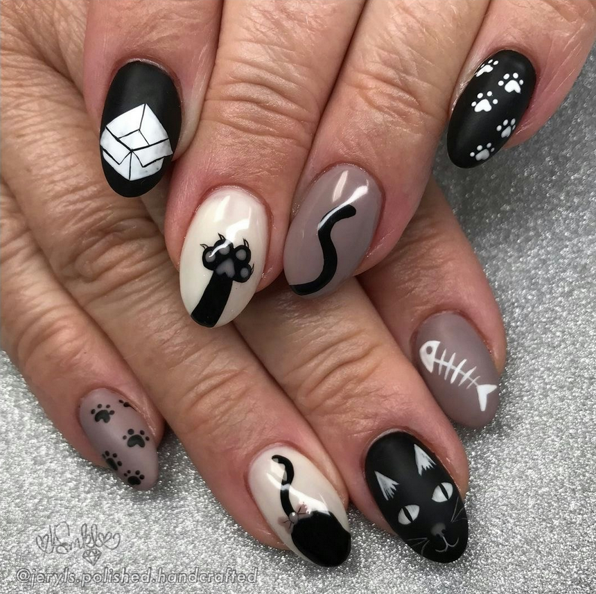 black cat paw print box halloween nails