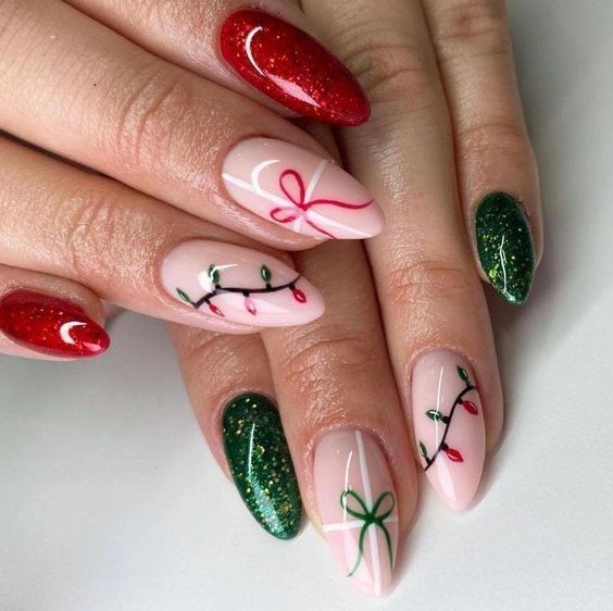 Glittery Green and Red Nails with Bows and Lights